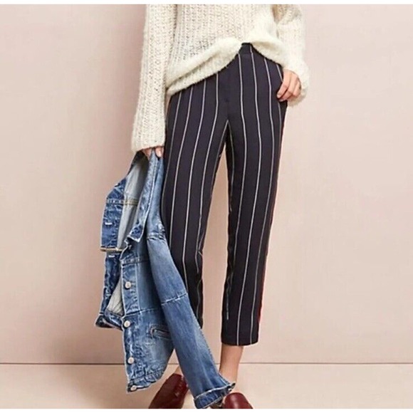 ANTHROPOLOGIE Ett:Twa Piped & Striped Pants Navy White Stripes Red Small Ad6 - Picture 2 of 7